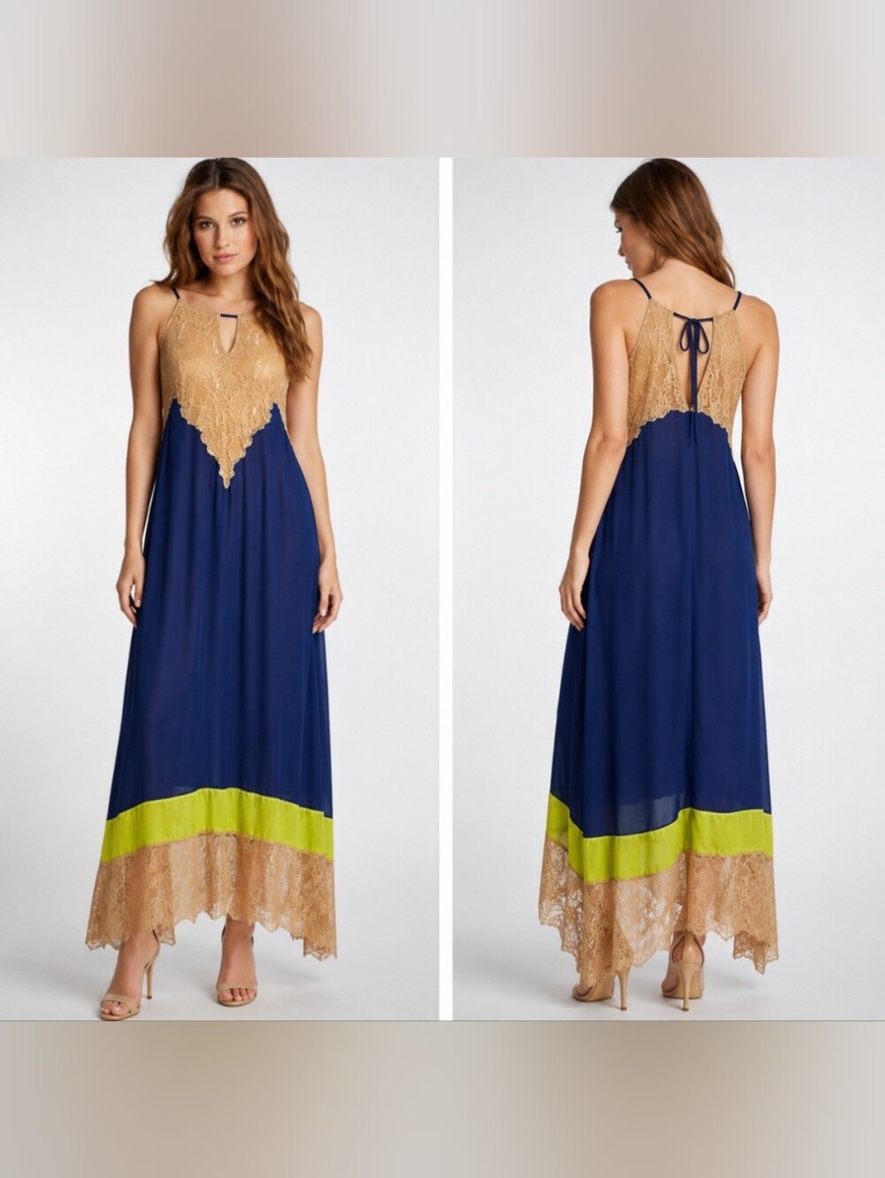 Jealous Tomato Navy Lace Colorblock Asymmetrical Maxi Dress NWOT Size S